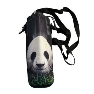 ICOLOR Water Bottle Carrier Panda Print Neoprene Sleeve Black Shoulder Strap